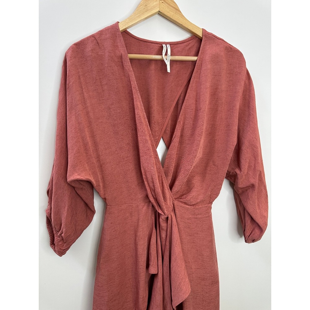 Anthropologie Tie-Front Wrap Mini Dress Size 8 Rust Viscose Linen 3/4 Sleeves - Picture 4 of 16